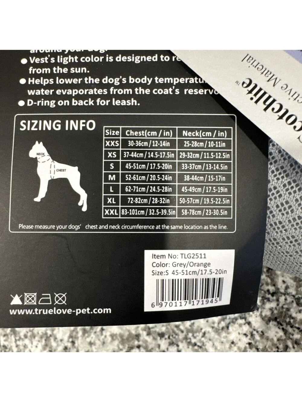 Truelove Dog Cooling Vest Harness Gray Orange Evaporative Mesh Size S